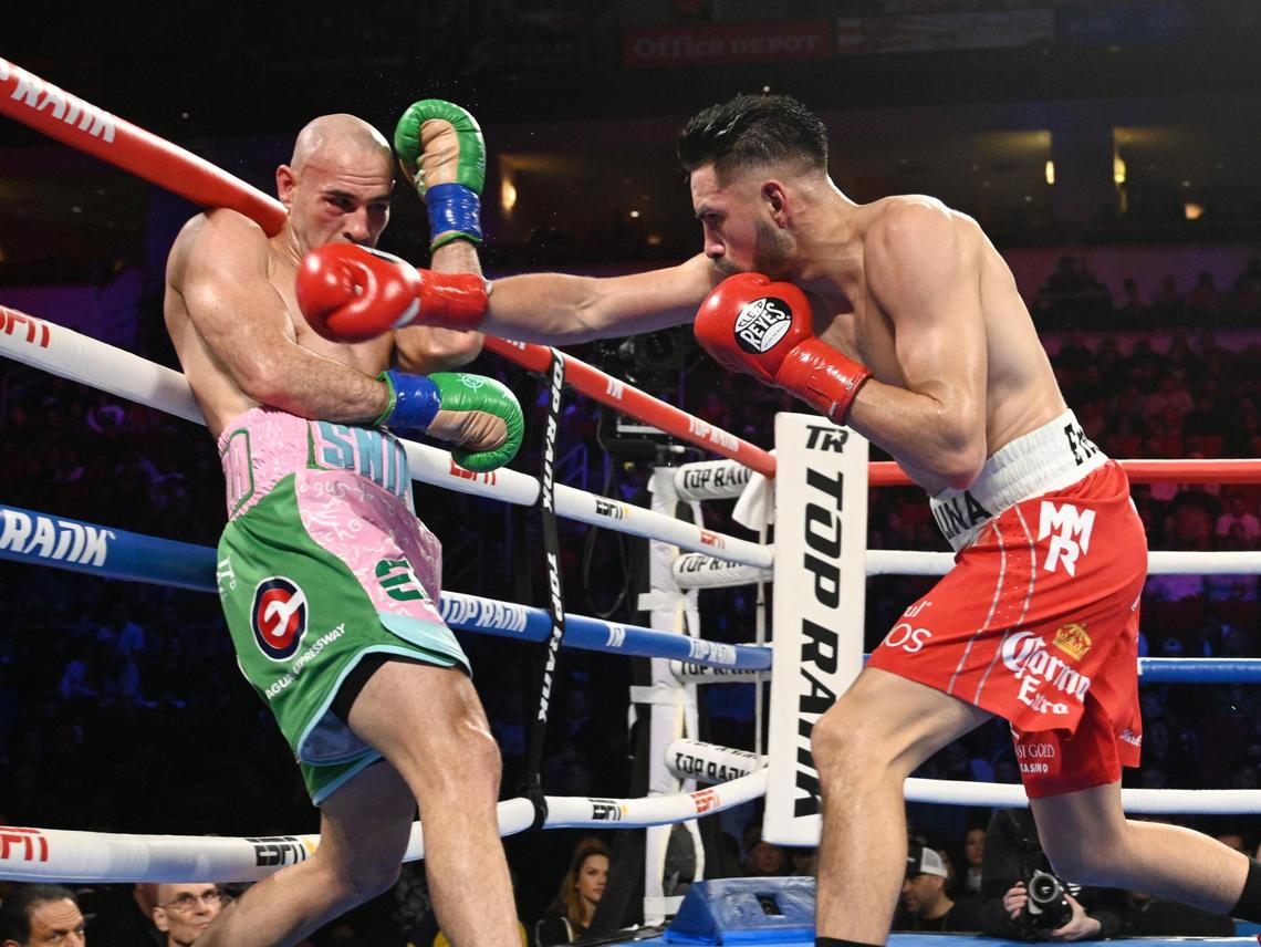Jose Ramirez, right, boxes Jose Pedraza during their junior welterweight fight at the Save Mart Center on Friday, March 4, 2022.