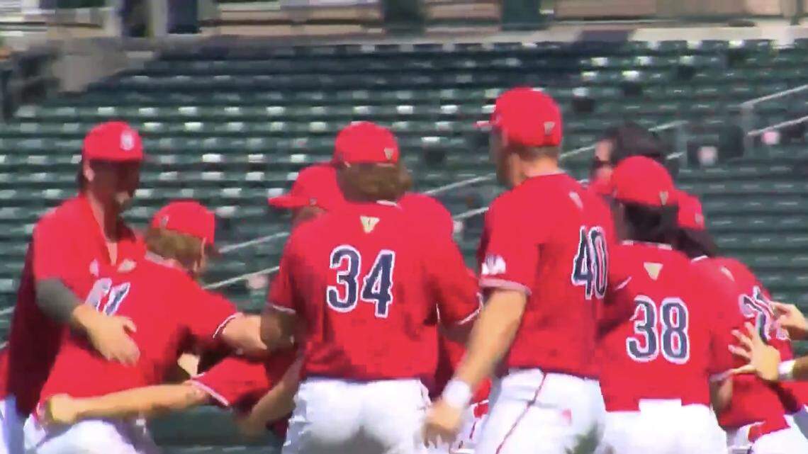 Fresno State celebrates a Mountain West Conference championship after a 9-1 victory over San José State on Saturday, May 24, 2025.