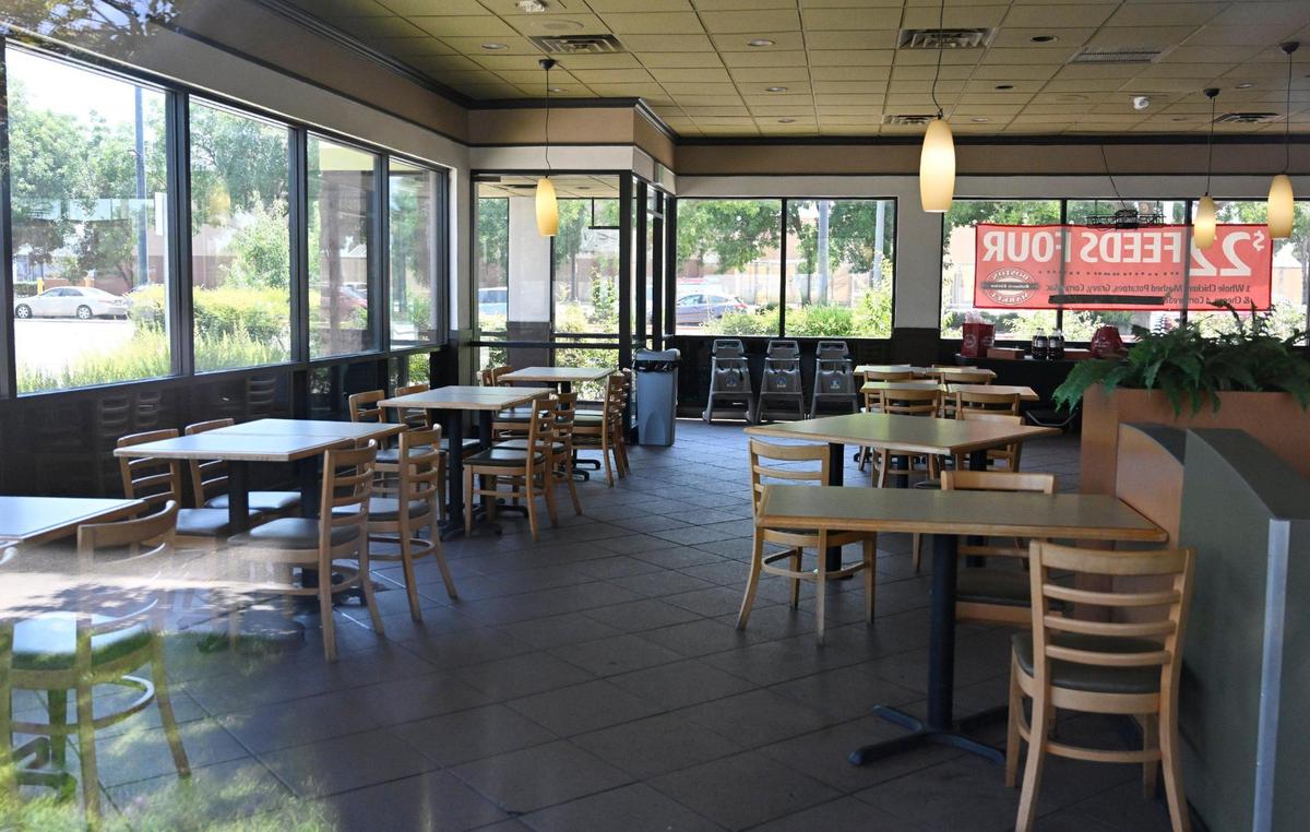 An empty dining room at the Boston Market on Bullard Avenue at Highway 41, which is temporarily closed according to a sign on the front door. Photographed Friday, June 16, 2023 in Fresno.