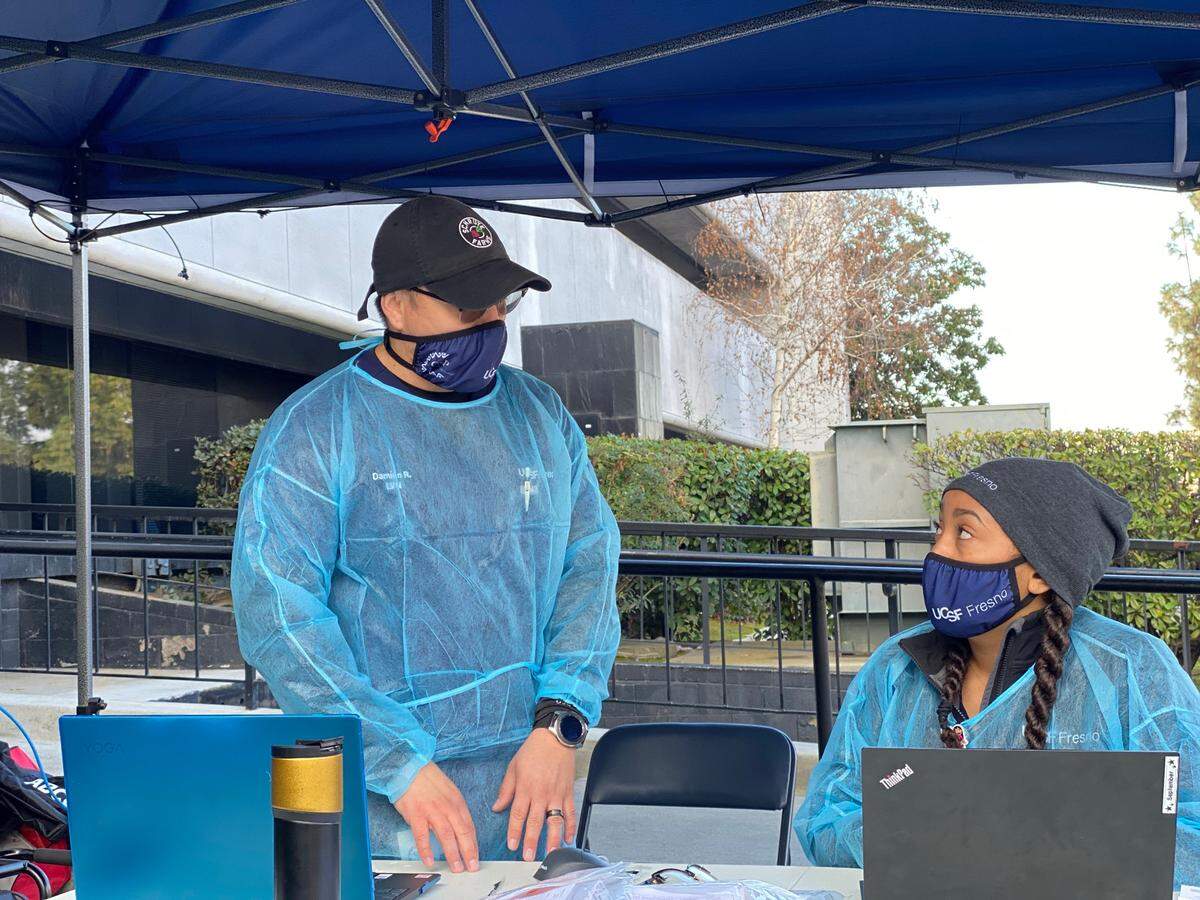 The husband and wife team of Damien Ruiz and September Ruiz are traveling licensed vocational nurses from Los Angeles who have joined UCSF Fresno’s COVID-19 Equity Project.