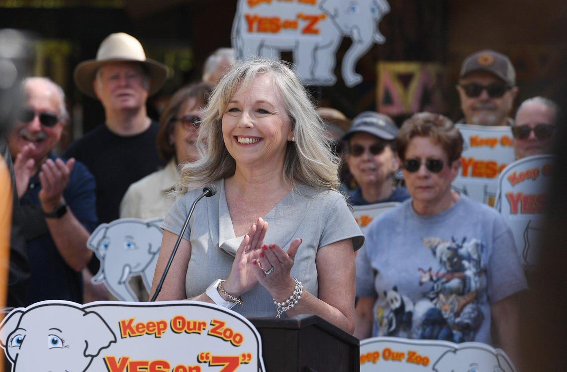 Zoo Authority board president Michelle Roman announces the push to renew Measure Z, extending the tax rate funding Fresno Chaffee Zoo, at a press conference Wednesday, April 6, 2022 in Fresno. If passed in the June 7 primary election, the measure would extend funding for another 15 years.