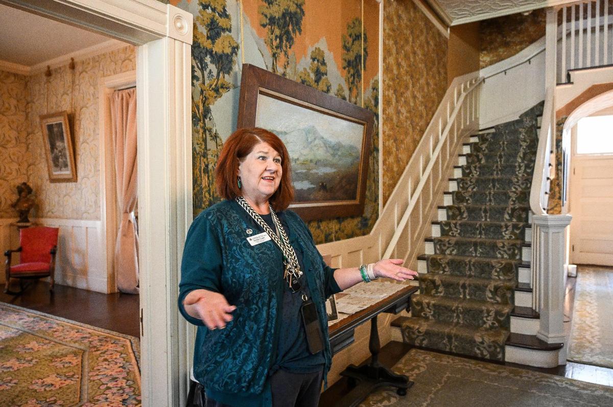 Tour guide Debbie Unger of the Fresno County Historical Society talks about the entry to the Kearney Mansion in Kearney Park, located about seven miles west of Fresno.