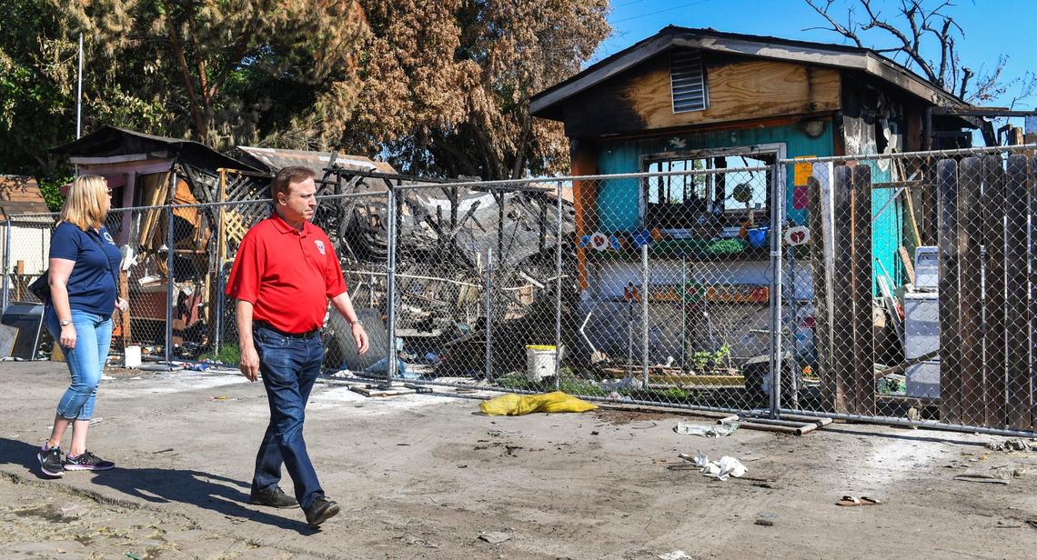 Fresno City Councilmember Garry Bredefeld looks over homes at Trails End Mobile Home Park in Fresno on Monday, June 28, 2021. The City of Fresno sent a team of code enforcement officers along with investigators from the city police and fire departments to conduct an inspection of the park on Monday.