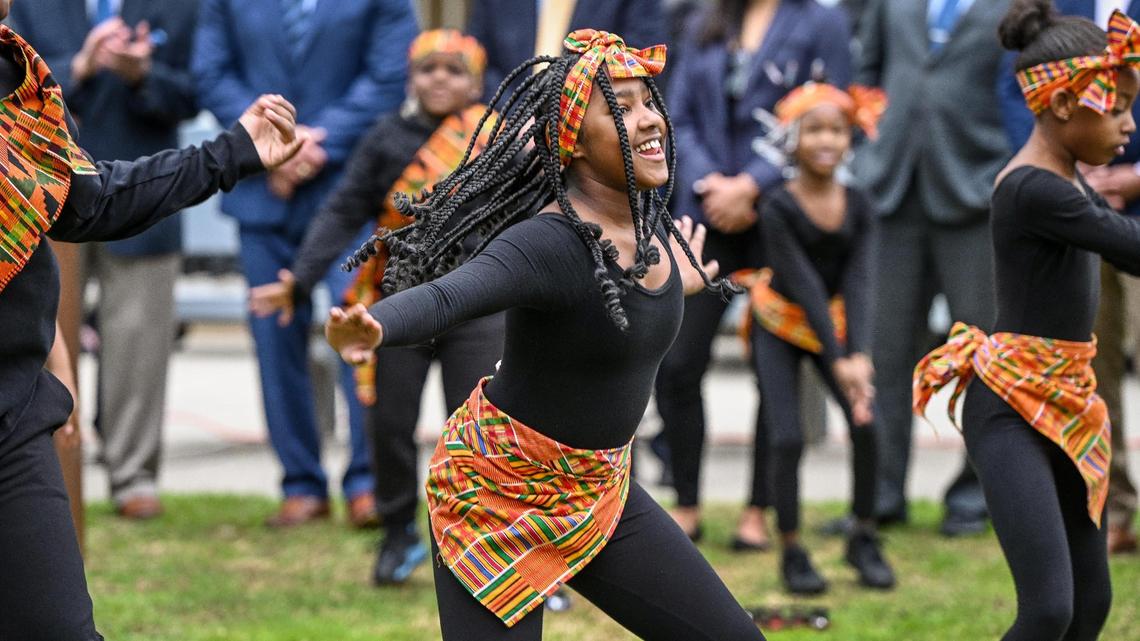 King Elementary school African-American Dance Troupe members perform during the annual Martin Luther King garlanding event at Fresno County Courthouse Park in Fresno on Friday, Jan. 13, 2023.The 39th annual events were kicked off with the garlanding ceremony at the MLK memorial bust to honor and remember slain civil rights leader Rev. Dr. Martin Luther King Jr.