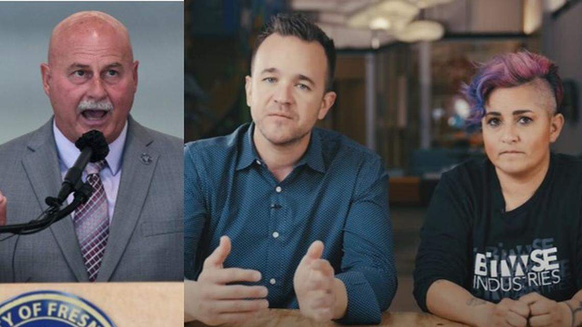 Fresno Mayor Jerry Dyer, left, and Bitwise co-CEOs Jake Soberal and Irma Olguin Jr., right.