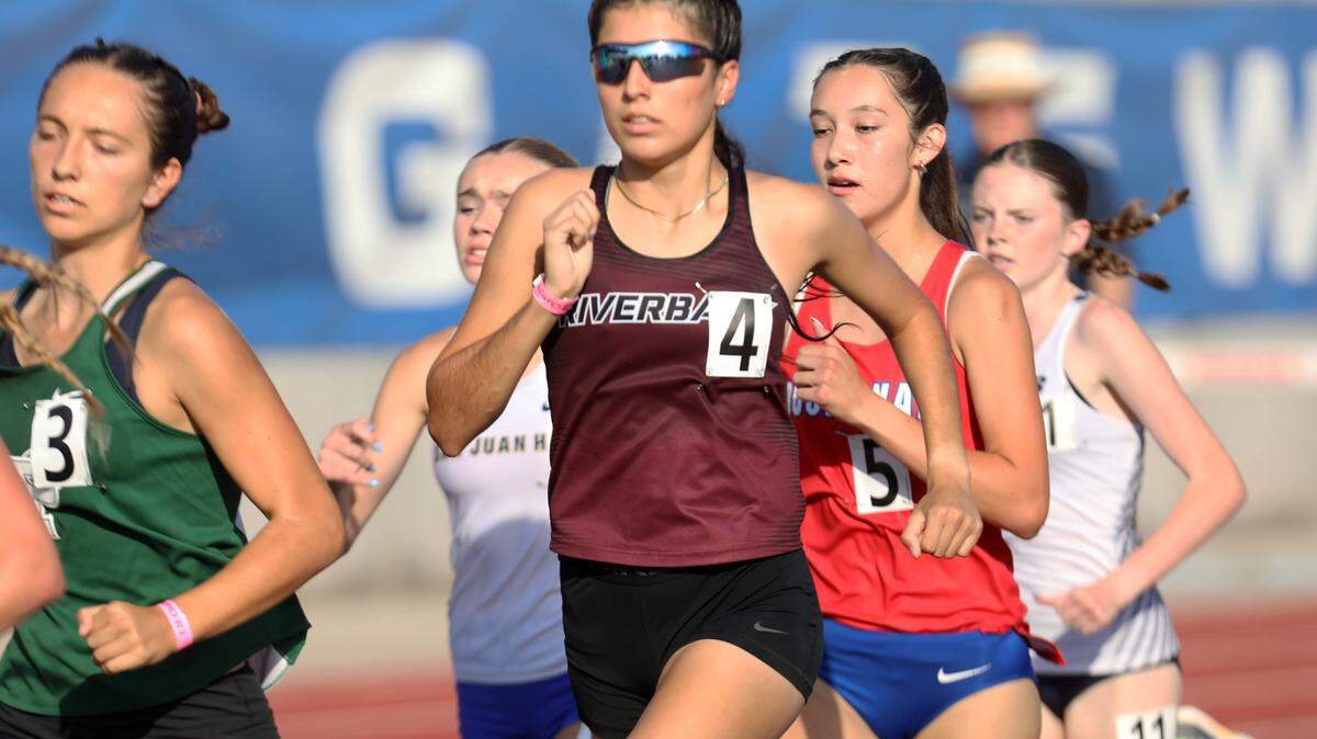 Riverbank High senior Giselle Fernández placed sixth in the girls 1,600-meter run in 4:43.8 at the California Scholastic Federation Track and Field Championships at Veterans Memorial Stadium in Clovis on May 31, 2025.
