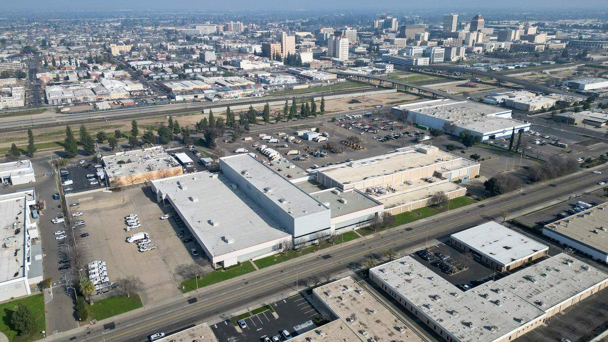 The former Fresno Bee building at 1626 E Street in downtown Fresno sits on more than 14 acres as seen in this Jan. 30, 2026 drone image. The city of Fresno, which bought the building and property in 2021, plans to demolish the building since it is not usable for the city, it's too expensive to operate and is a fire danger.