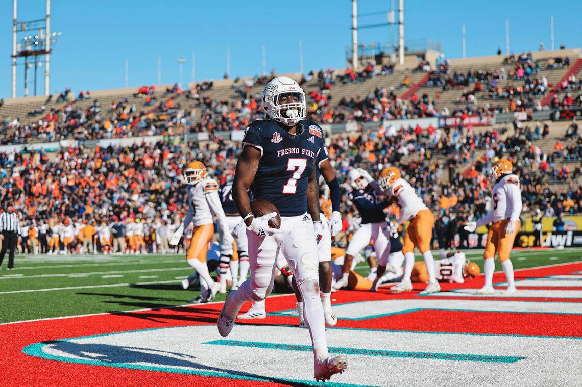 Fresno State running back Jordan Mims scores one of his three touchdowns in the New Mexico Bowl against Texas-El Paso Saturday, Dec. 18, 2021.