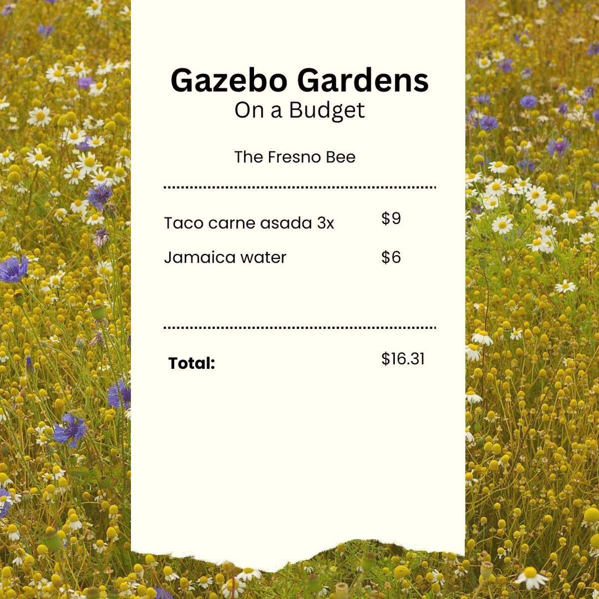 A graphic of an itemized receipt from Gazebo Gardens in Fresno