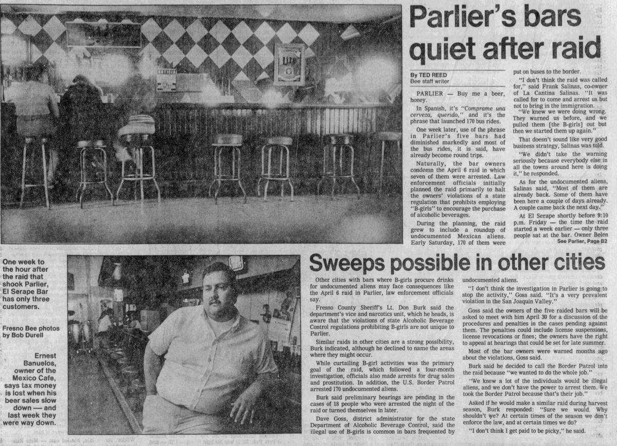Screenshot of Fresno Bee archival story from Sunday, April 15, 1984 details the impact of immigration raids in Parlier on local businesses.