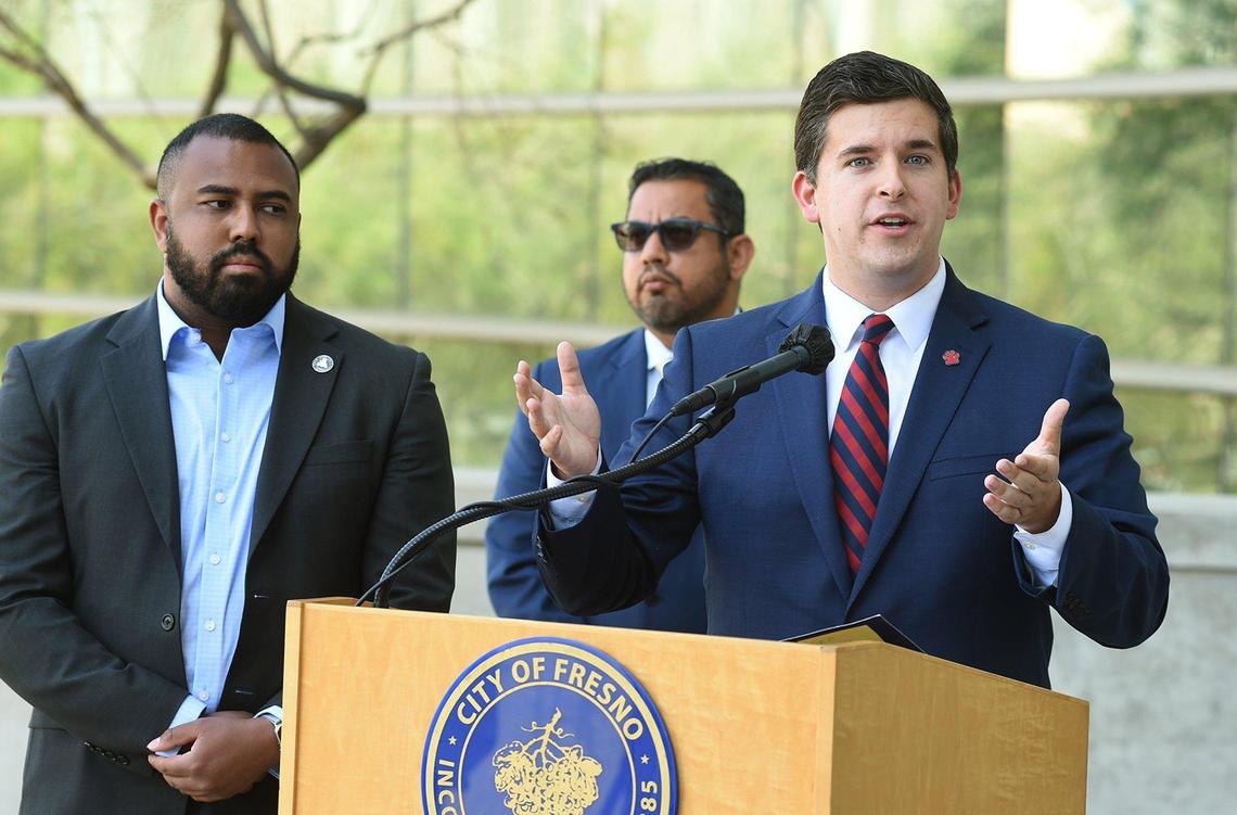 Fresno City Councilmembers Tyler Maxwell, right, Nelson Esparza,left, and Miguel Arias, join at a May 2021 City Hall press conference to talk about introducing a resolution to create Fresno’s Eviction Protection Program (EPP) which will allow the city attorney to seek outside legal counsel to represent tenants who are facing potential unlawful evictions.&nbsp;