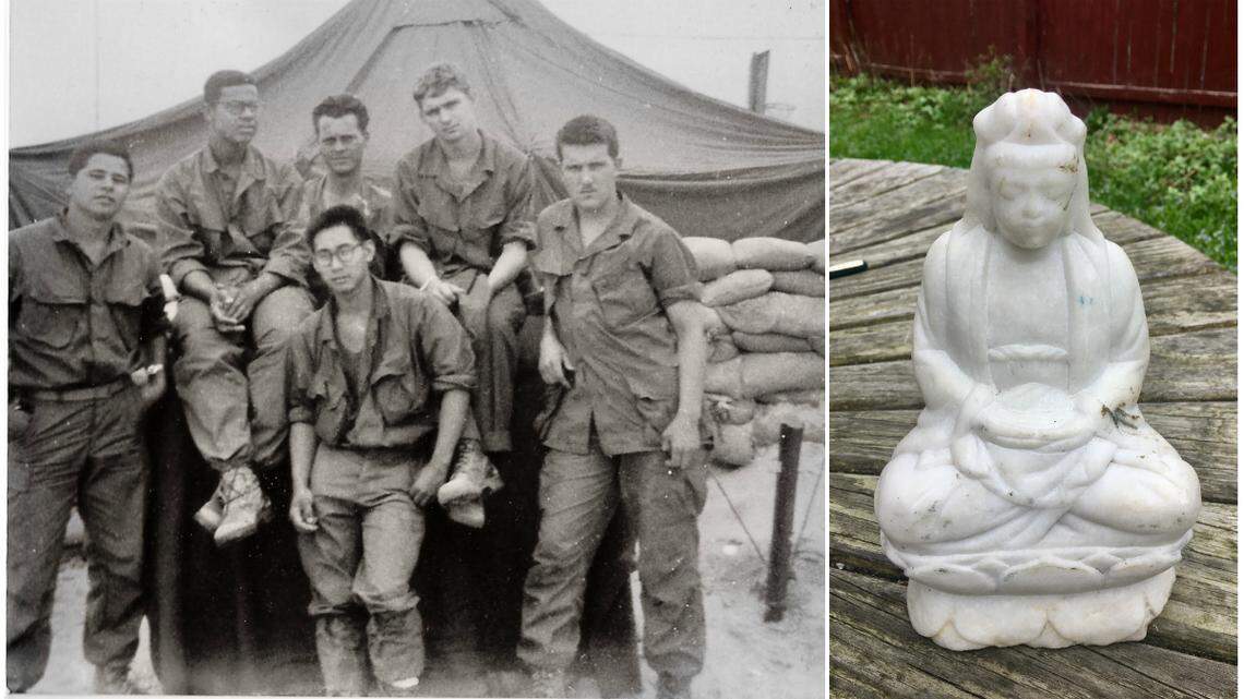 Marine veterans who fought in the Vietnam War will return a stolen Buddha statue, right, to Vietnam. Before they depart, they're looking for a lost comrade, Al Lopez, who lived in Fresno, pictured far left, January of 1968. Mike Duerr, pictured far right, is one of four veterans making the trip.