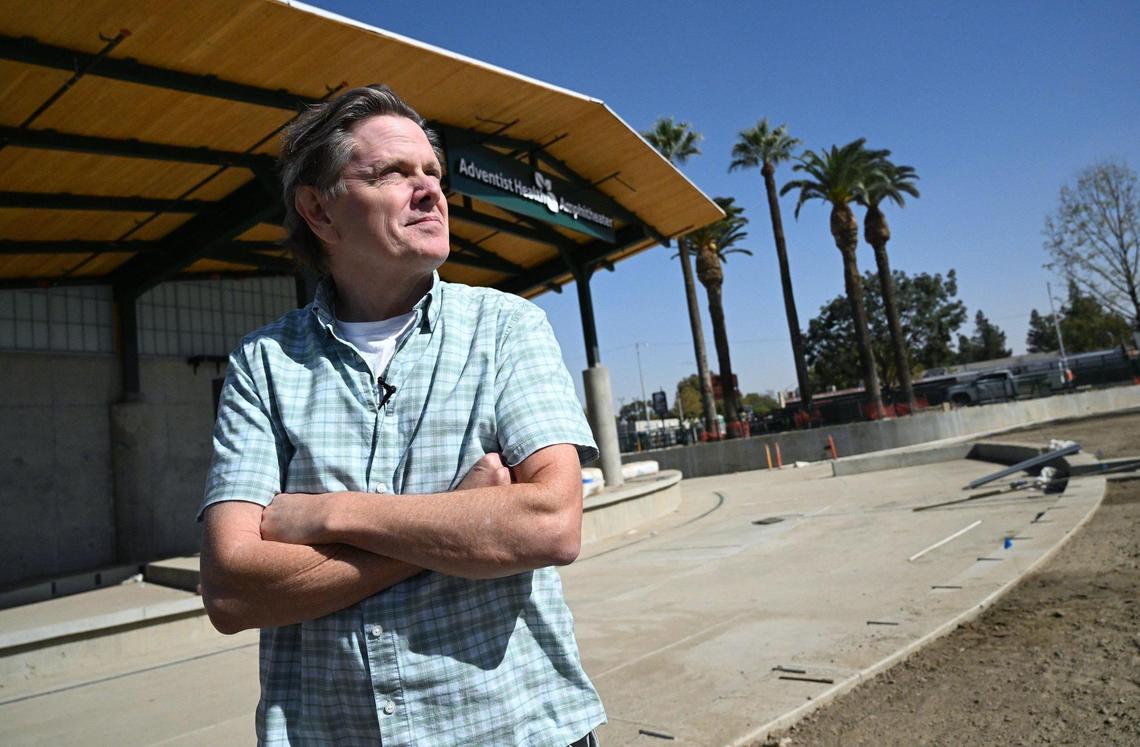 Todd Speelman offers a glimpse of the new Adventist Health Amphitheater under construction, which promises to offer 6,000 seats for music and food trucks and other events to central Tulare. Photographed Friday, Oct. 18, 2024.