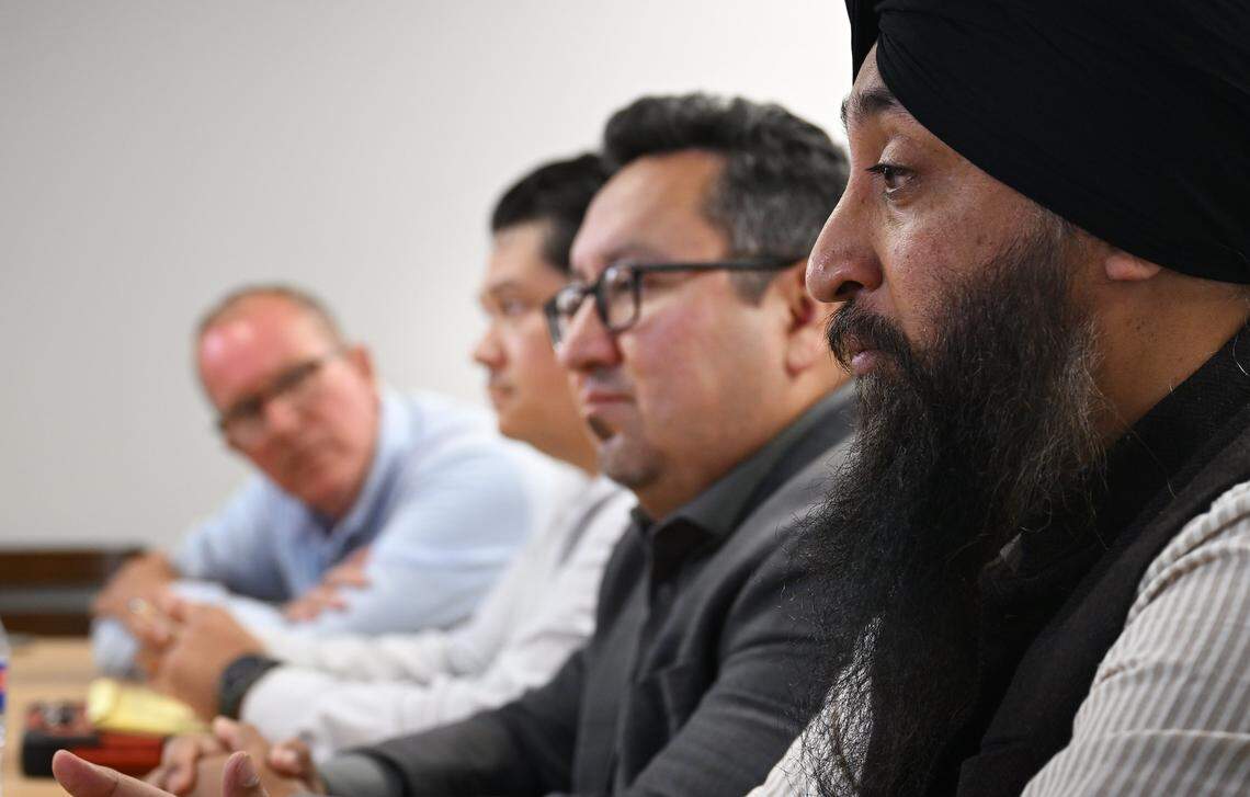District 1 candidates left to right Monte Forkas, Joe Hinojosa, Rob Fuentes and Deep Singh, seen during a Fresno City Council forum held by The Fresno Bee Friday, April 17, 2026 in downtown Fresno