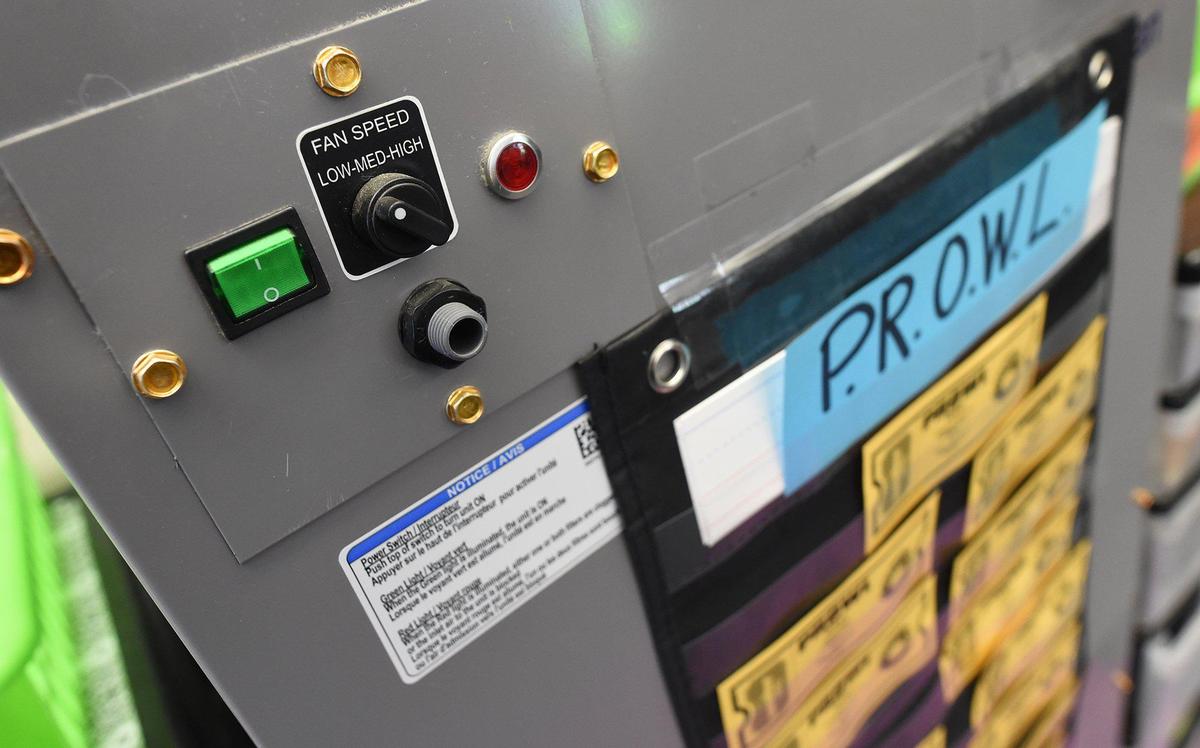 The simple controls- of low, medium and high- of a HEPA-grade Carrier air filtration unit installed in a classroom at Clovis Elementary School. The systems are installed in nearly every indoor space in Clovis Unified.