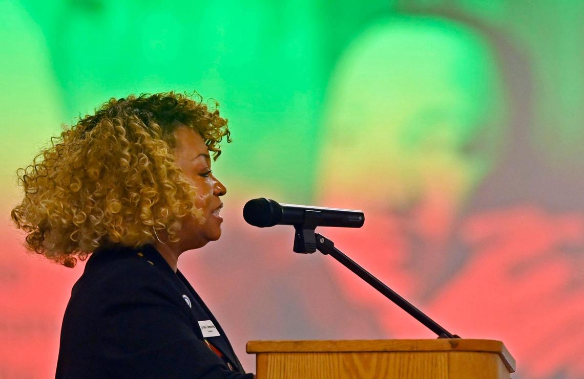 Keynote speaker Dr. Kim E. Armstrong, seen at the Clovis Police Department’s Community Breakfast celebrating Martin Luther King Jr. Day Saturday morning, Jan. 13, 2024 in Clovis.