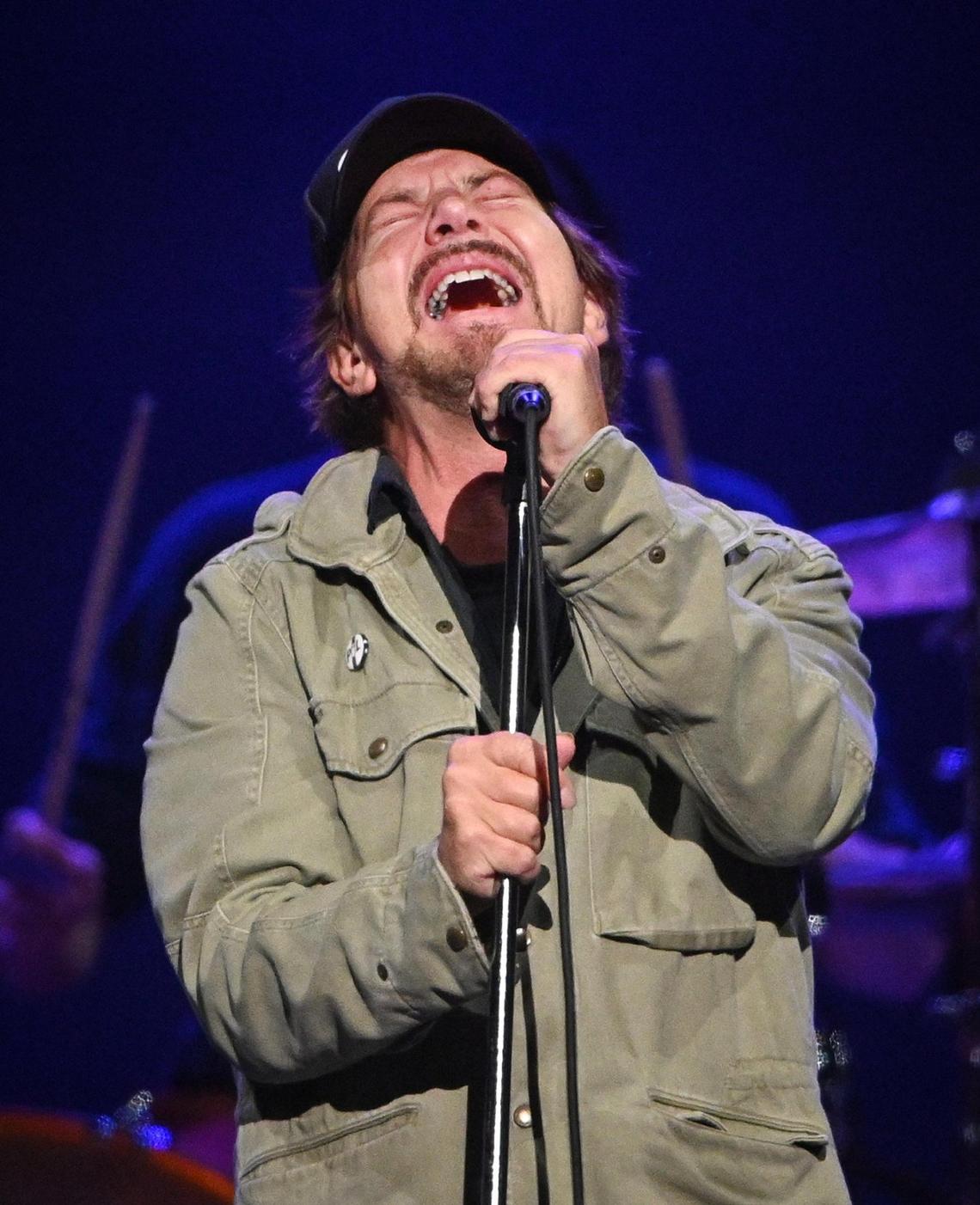 Eddie Vedder of Pearl Jam performs with the band during their North American tour stop at the Save Mart Center in Fresno on Monday, May 16, 2022.