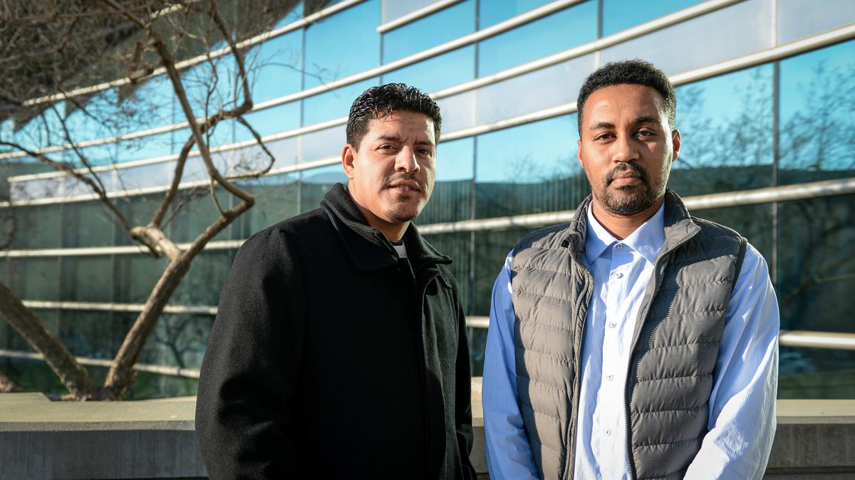 Cannabis advocates Cesar Casamayor, left, and Gidai Maaza, co-founders of The People’s Dispensary, stand outside Fresno City Hall in 2019 They are co-founders of The People’s Dispensary, a cannabis dispensary aimed at helping underserved people.