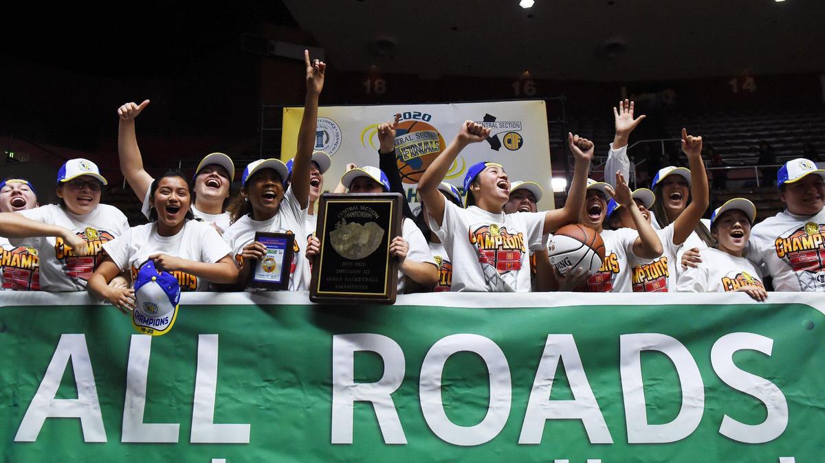 Porterville girls celebrate their 65-39 win against Arvin in the 2020 Central Section Division III girls basketball championship held at Selland Arena. The section finals return to the downtown Fresno arena for the first time in three years with 12 games Friday and Saturday.