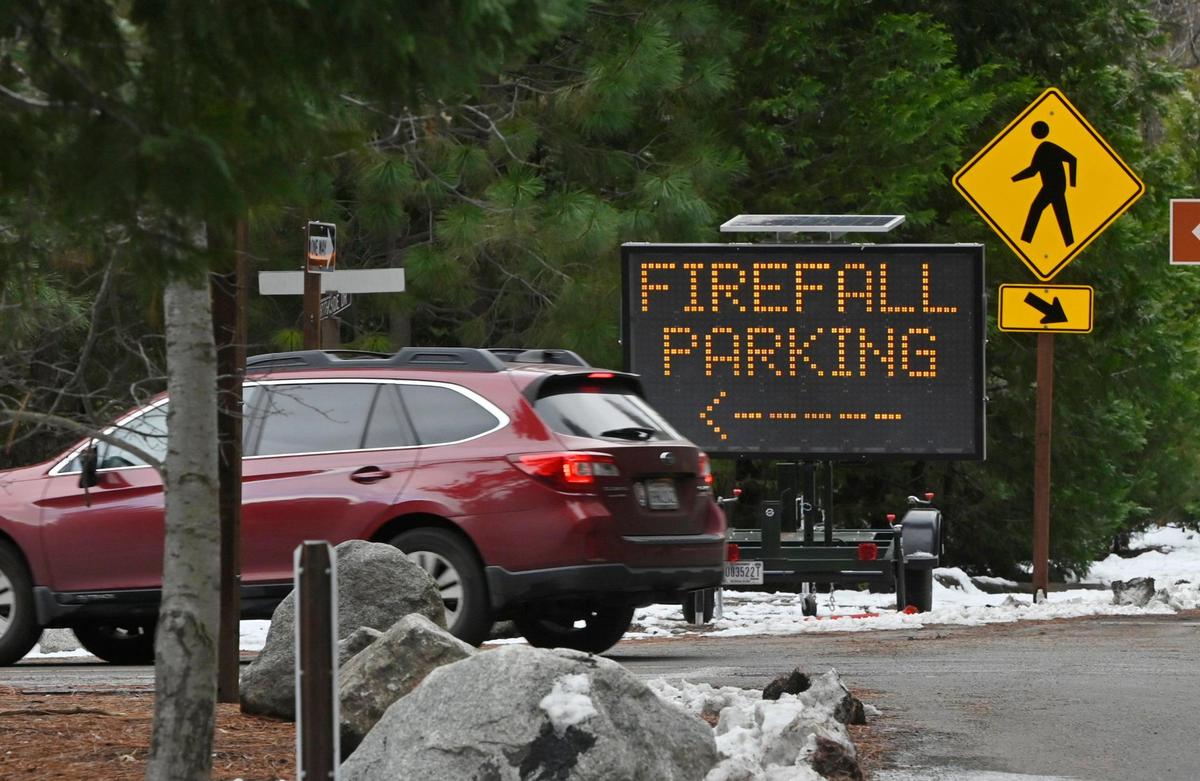 A visitor pulls into parking specifically designated for Firefall viewing in Yosemite Valley Friday, Feb 9, 2024 in Yosemite National Park. Restrictions are in place for viewing of the annual Firefall event this month with many pullouts along Northside and Southside drives closed to public access.