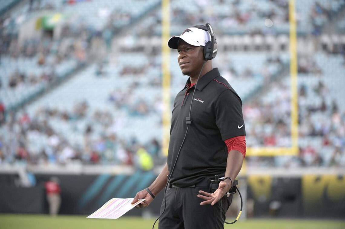 In this Aug. 19, 2019, photo, Atlanta Falcons assistant head coach/passing game coordinator Raheem Morris watches during a preseason game against the Jacksonville Jaguars.
