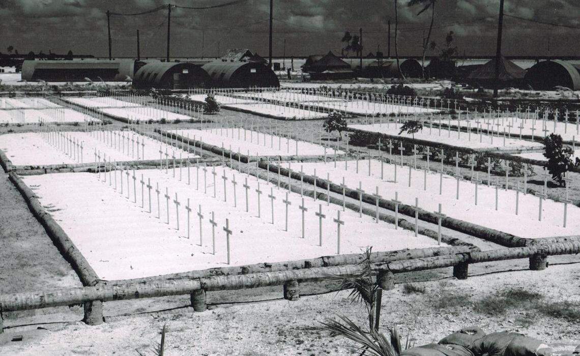 The remains of hundreds of Americans killed during World War II’s Battle of Tarawa still aren’t accounted for. Memorial crosses pictured in this photo from Betio after the battle, bearing the names of those killed, didn’t correspond to the remains of the men buried below them, History Flight said, and some were buried elsewhere.