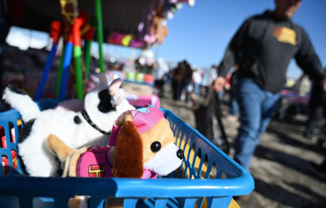 A toy dogs yaps as shoppers stroll by a vendor at the Fresno Flea Market Sunday Feb. 16, 2025 in Fresno.
