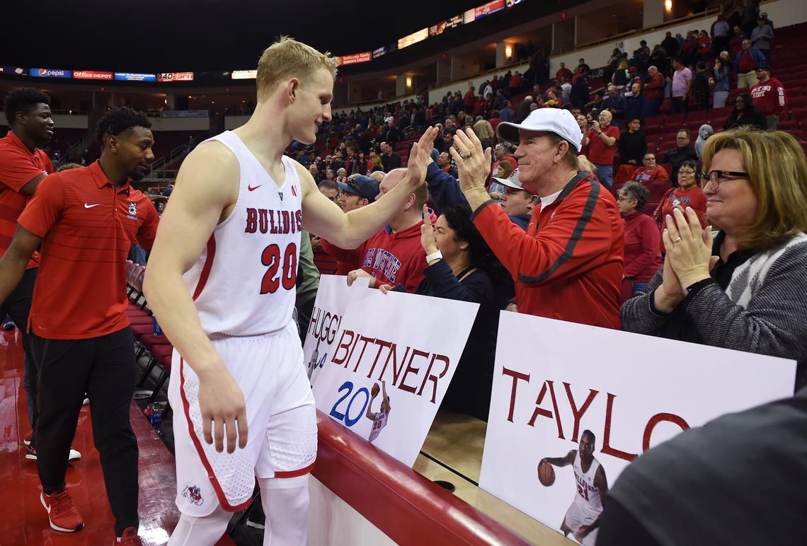 Fresno State senior foward Sam Bittner, center, walks off the court after the Bulldogs’ 1221-81 win over San Jose State Saturday, March 9, 2019 in Fresno.
