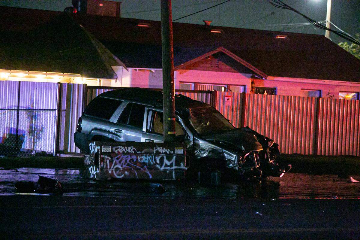 A car crash at the Olive and Recreation Avenues intersection caused a fire hydrant and telephone pole on Sunday, Nov. 28, 2021.