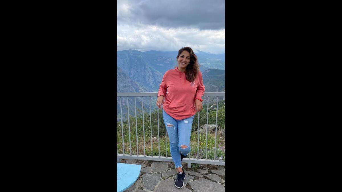 Stacey Terterian, a Fresno native, with the mountains of Armenia in the background.