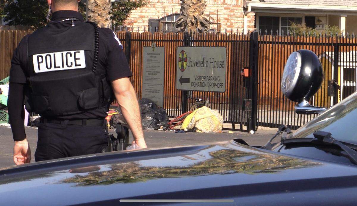 Two men were shot outside of the Poverello House in Fresno, California on Thursday, Oct. 19, 2023.