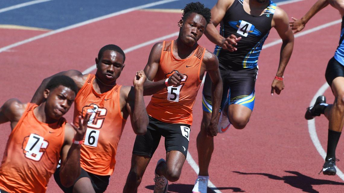 Central High’s Jeremiah Walker, No. 5, second from right, on his way to first place in the 200 Dash Invitational at the West Coast Relays, held Saturday, May 1, 2021 in Clovis.