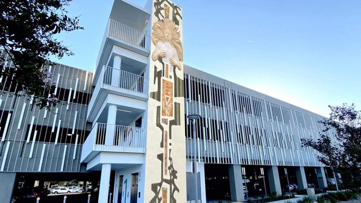 An artist’s rendering depicts the new public art project, entitled “You Have Arrived,” to be installed on the Fresno Yosemite International Airport parking structure in the spring. Artist Caleb Duarte, a professor of sculpture at Fresno City College, submitted the winning design proposal.