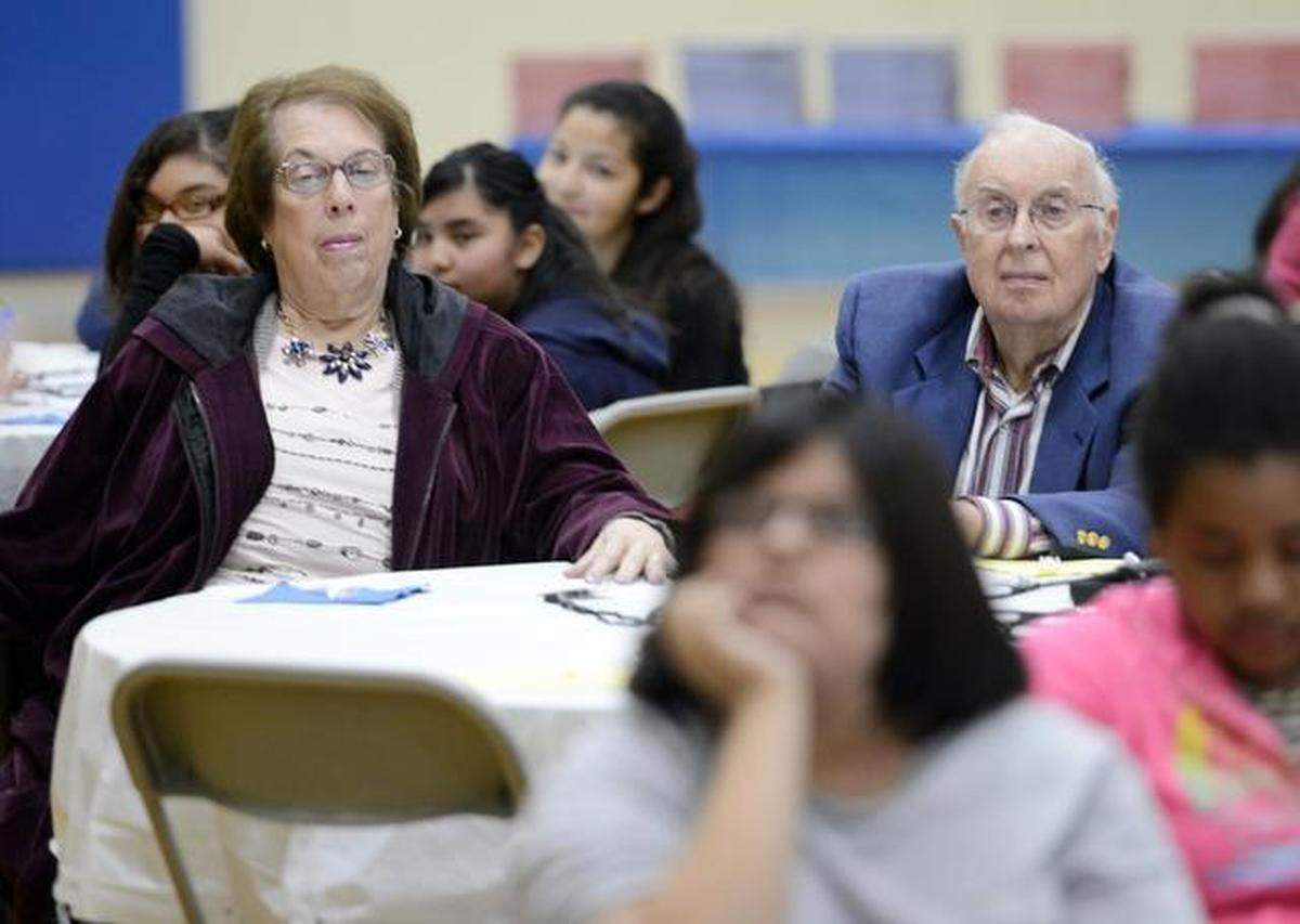 Francine and Murray Farber of Fresno watch as seventh graders from Tehipite Middle School are recognized as being on track to become Steve’s Scholars during a luncheon at the school in 2015. File photo