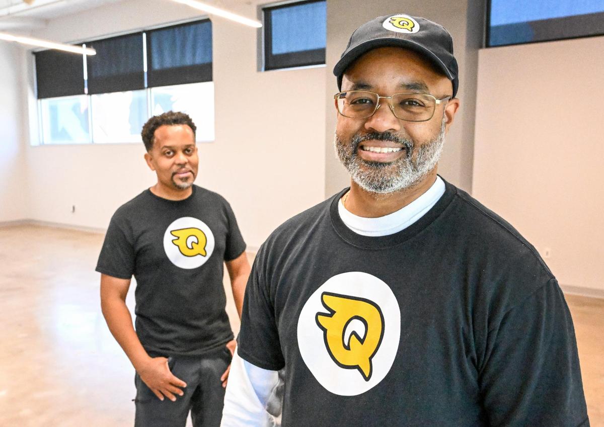 Curlen Phipps, right, and Damon Thomas, co-founders of Quiq Labs, stand inside an office space inside Bitwise 41 in downtown Fresno on Friday, July 7, 2023. The company is looking for a larger space to house its growing business which has been in the Bitwise South Stadium since it opened.