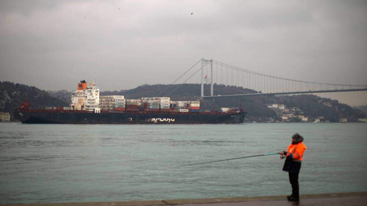 A cargo ship passes through the Bosphorus strait in Istanbul, Turkey, on March 1, 2022, after departing from the Russian port of Novorrossiysk in this AP file photo.