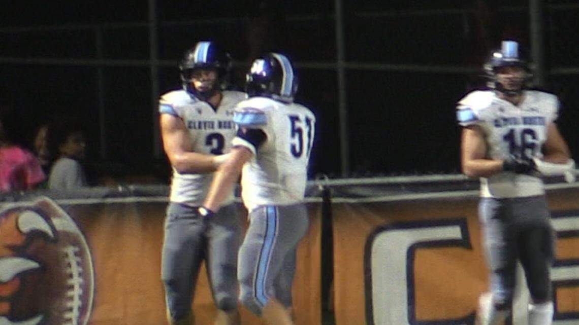 McKay Madsen is congratulated after his pick-6 against Central on Friday, Oct. 4, 2024.