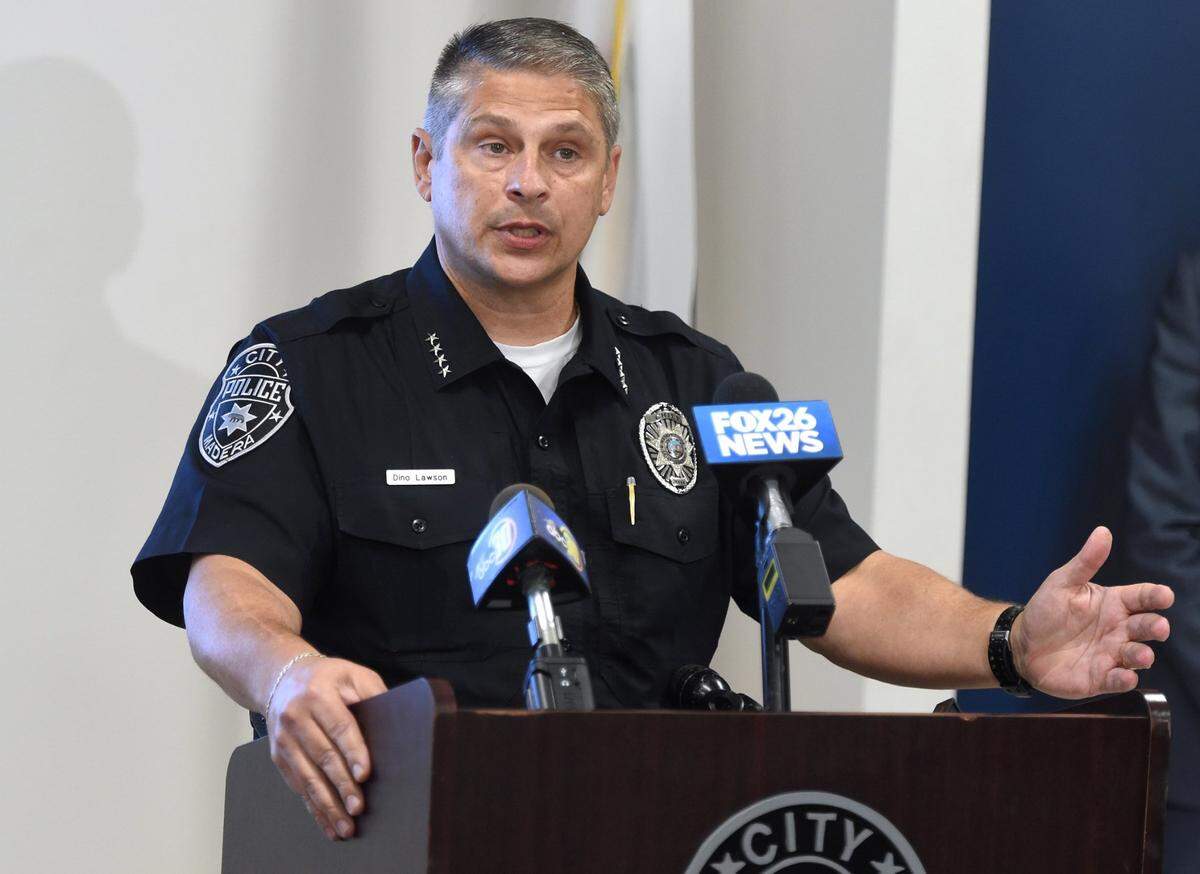 Madera Police Chief Dino Lawson speaks at a news conference July 23, 2020, concerning the discovery of a body west of town, in farmland that is possibly that of missing 2-year-old Thaddeus Sran. He went missing from a home on the 800 block of C Street in Madera sometime after 10 p.m. July 14 when his parents told police they put him to bed. He was discovered missing at 8:30 a.m. July 15.