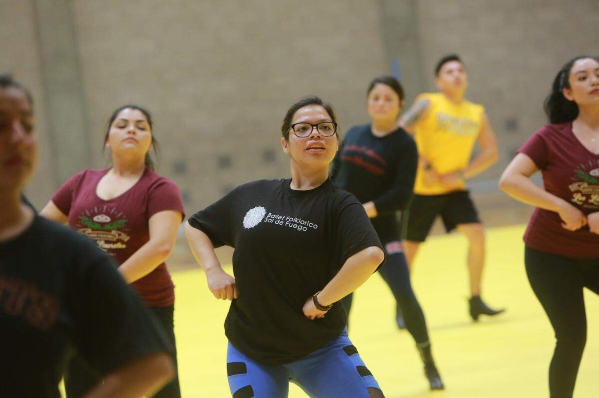 A Danzantes Unidos Festival instructor leads a 2018 workshop at Clovis East High School.