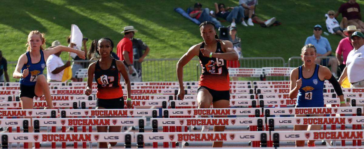 Central East junior Sofia Lopes won the girls 100-meter hurdles in 14.04 seconds at the CIF Central Section Masters Track and Field Championships at Buchanan High’s Veterans Memorial Stadium on May 24, 2025.