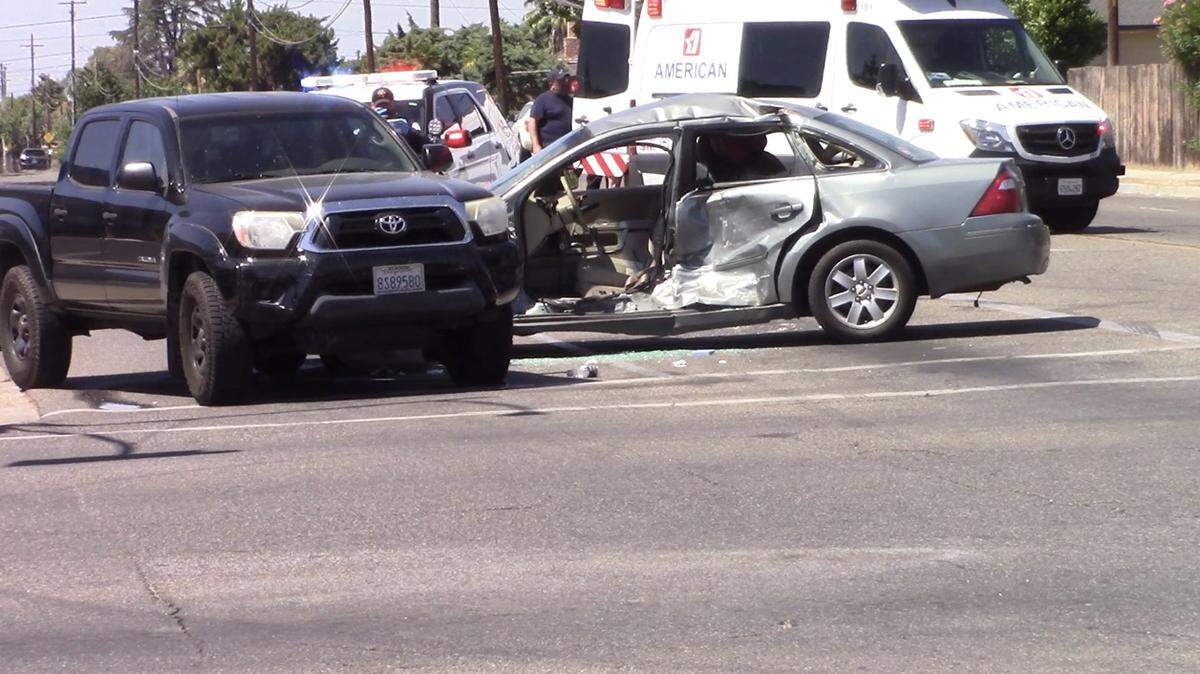 Three people were sent to the hospital following a three-car collision at North Maple and East Clinton avenues in east-central Fresno, CA.