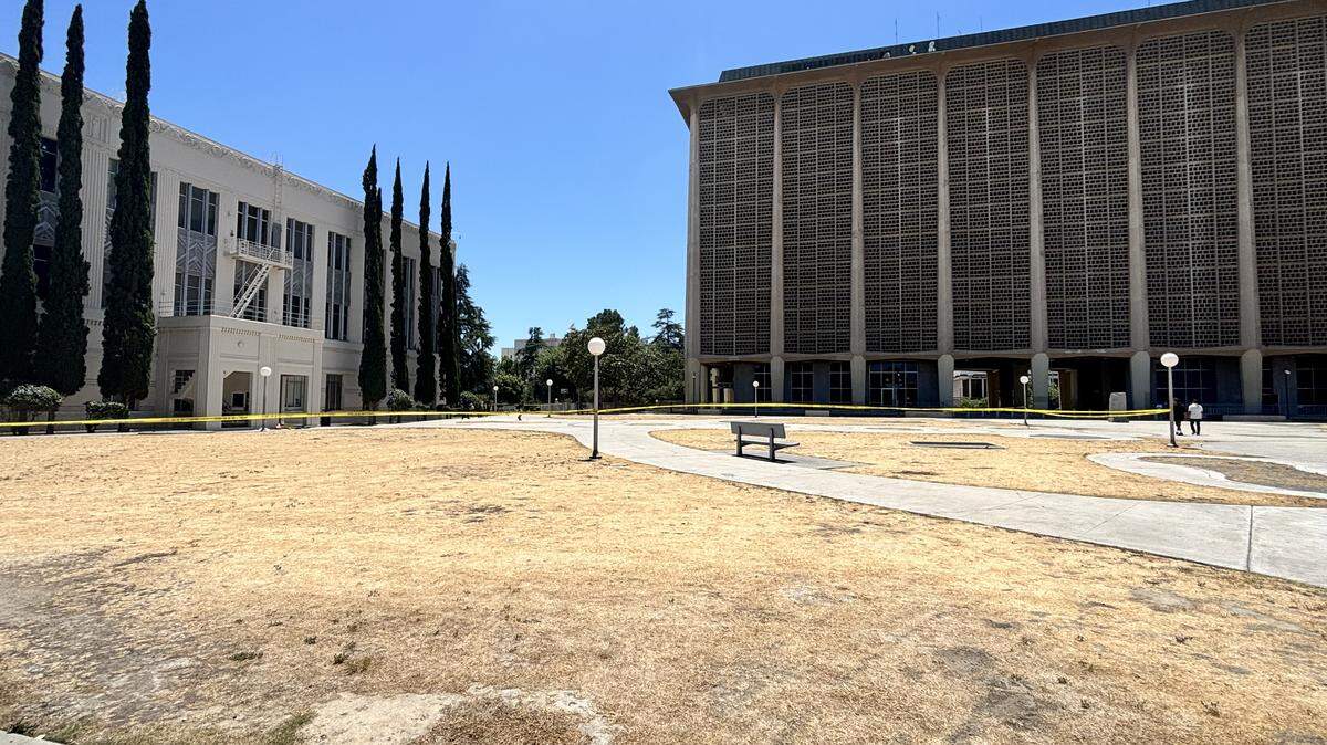 Part of Courthouse Park was taped off after a man was stabbed multiple times in Fresno, California on Tuesday, June 2, 2026.