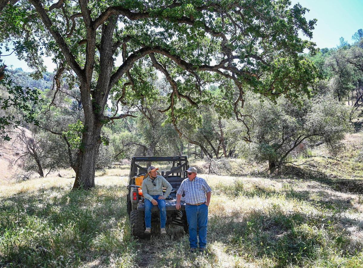 Michael Wright chats with Sierra Foothill Conservancy land steward Jesus Garcia while on a tour of the Wright Ranch off Road 600 in Madera County on Wednesday, May 27, 2022. The Wright Ranch was recently acquired as a conservation easement by the Sierra Foothill Conservancy.