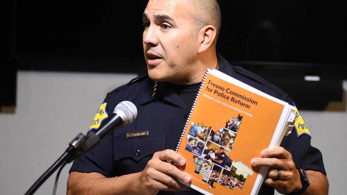 Fresno Police Chief Paco Balderrama holds a press conference, Friday Dec. 3, 2021, to provide an update on the implementation of recommendations from the Fresno Police Reform Commission.