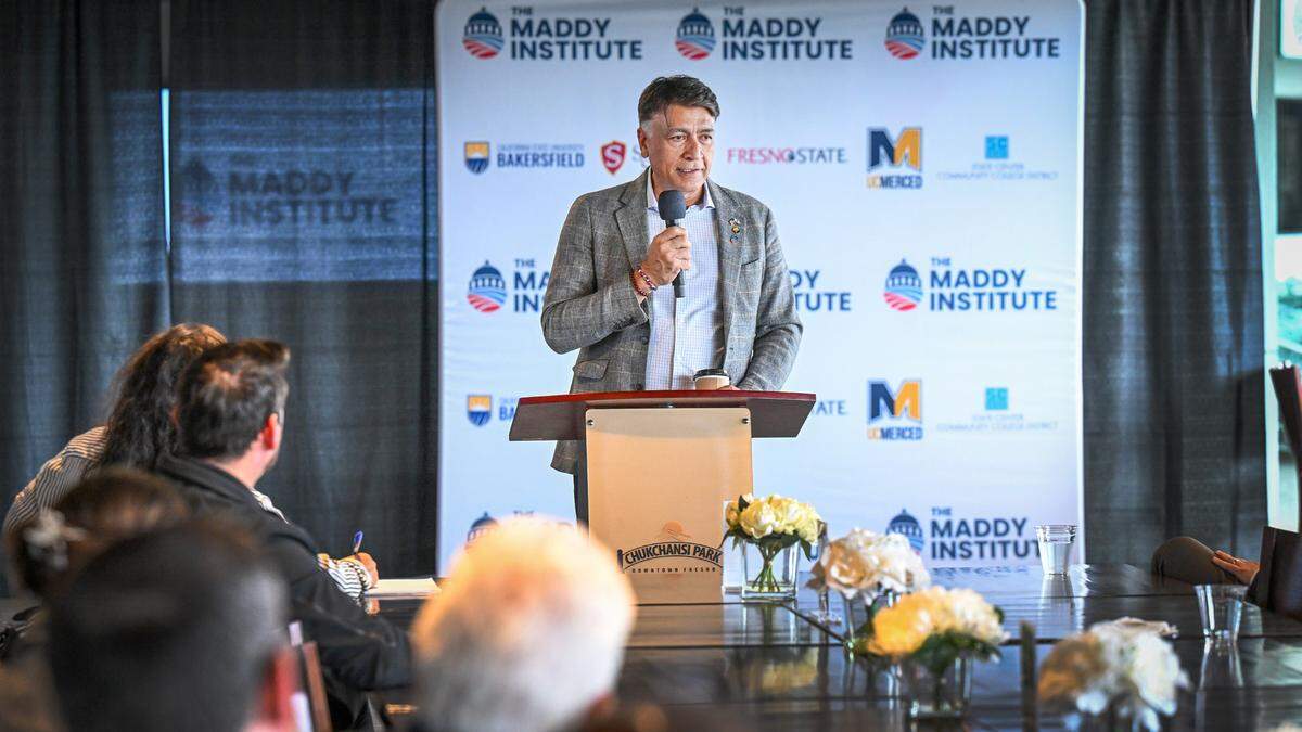 High-Speed Rail CEO Ian Choudri speaks during a meeting hosted by the Maddy Institute in front of an audience at the Kodiak Club at Chukchansi Park in Fresno on Wednesday, Nov. 5, 2025.