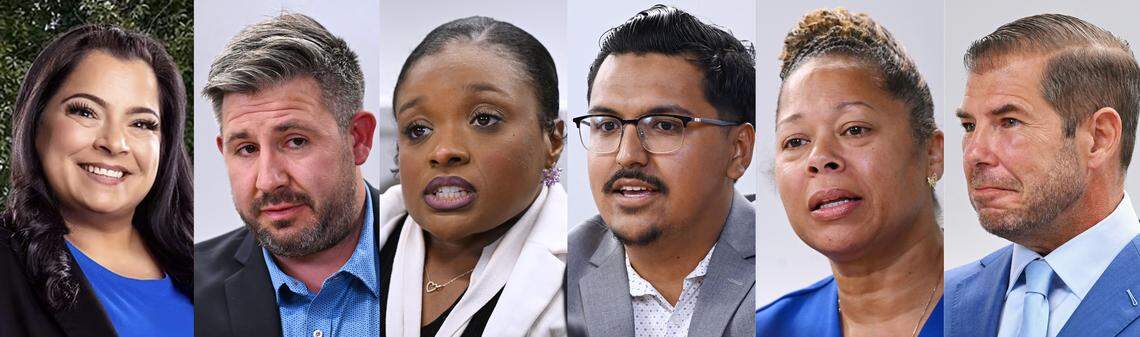 District 3 candidates left to right, Tiffany Apodaca, Charles Montoya, Jalen Swank, Fernando Alvarez, Keshia Thomas and Joaquin Arambula, seen during a Fresno City Council forum held by The Fresno Bee Friday, April 17, 2026 in downtown Fresno