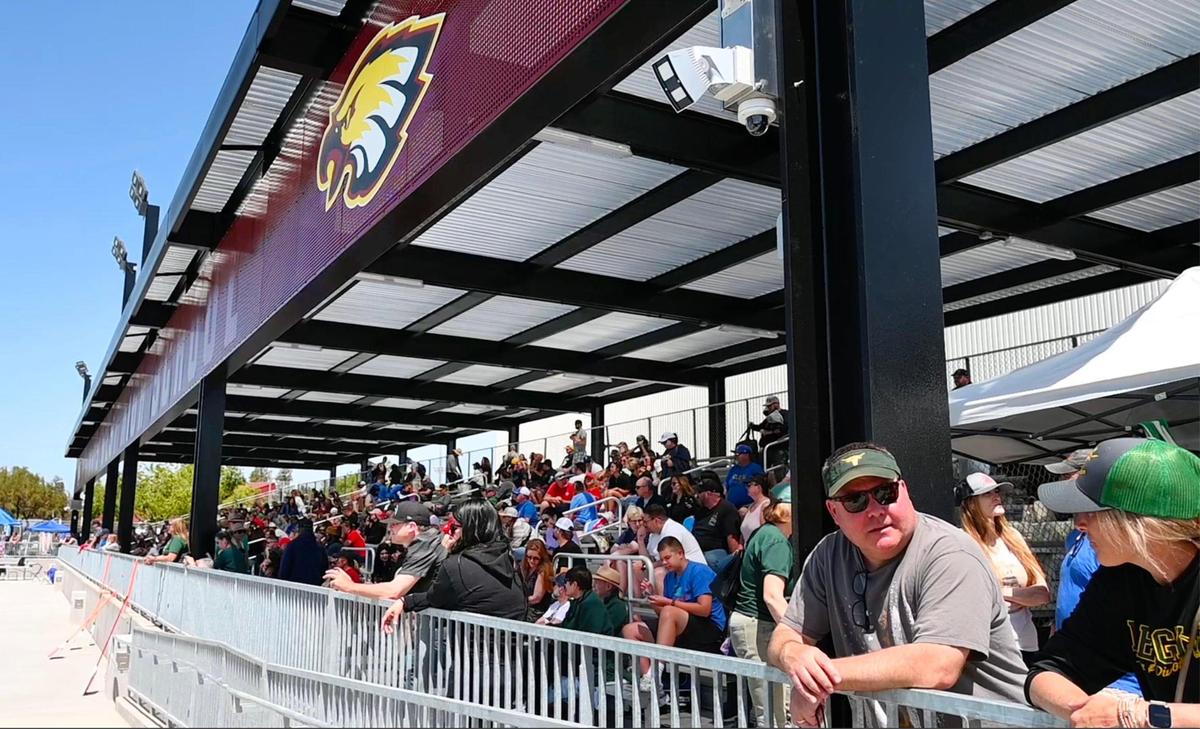 A new shade canopy for spectators is one of the new features Clovis Unified’s Olympic Swim Complex at Clovis West offers after almost a year of renovation and construction. Photographed Saturday, April 15, 2023 in Fresno.