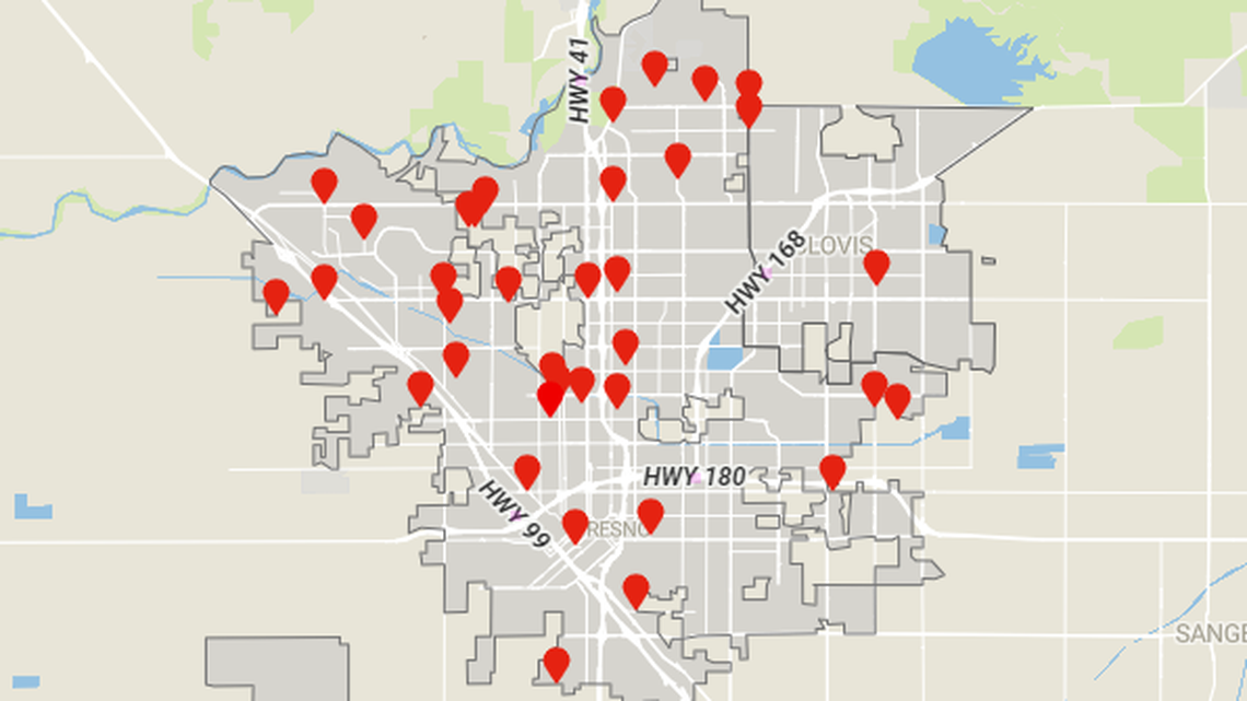 A Fresno Bee map shows potential hot spots for flooded streets and intersections in periods of heavy rainfall. An atmospheric river storm is expected to drop several inches of rain on the Fresno area between Thursday, March 9 and Sunday, March 12, 2023.