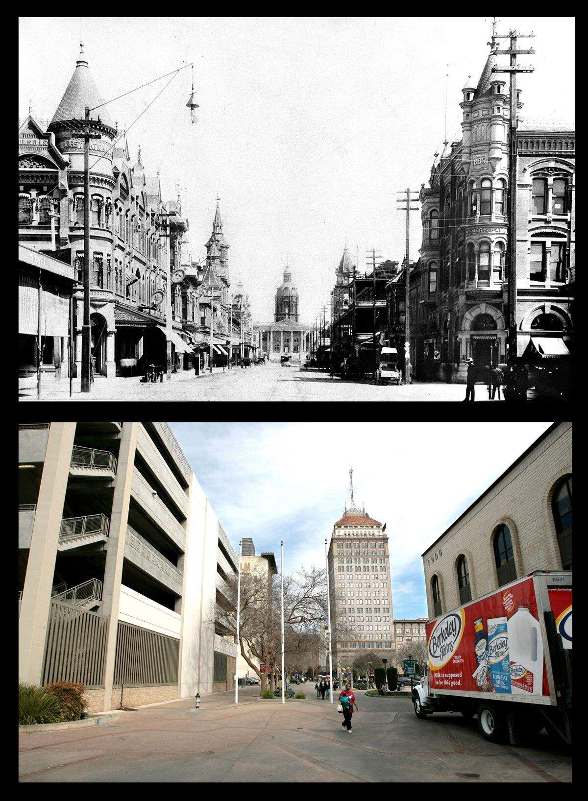 A look up Fresno’s elegant Mariposa Street circa 1895, compared with the same view in 2009, shows the urban evolution that took away historical structures in the name of progress. This was the first in the “Historical Perspective” series.