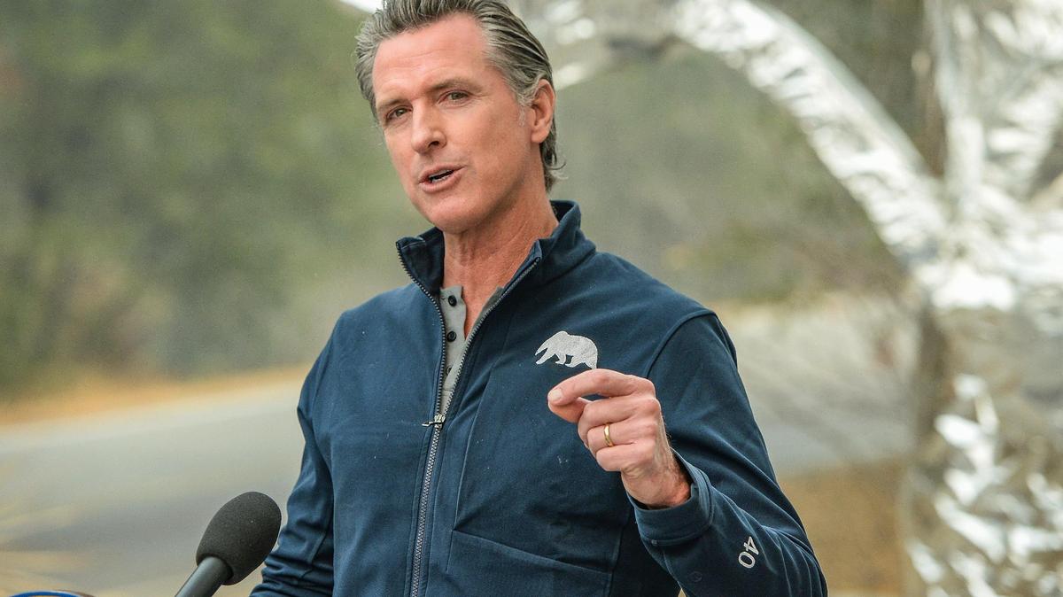 In this 2021 file photo, California Governor Gavin Newsom discusses climate change in front of the Sequoia National Park Indian head entry sign covered in protective structure wrap.